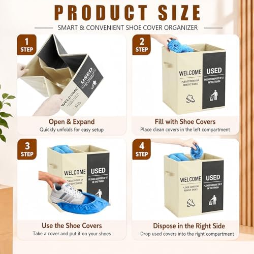 200 Pack Disposable Shoe Covers with 2-in-1 Storage Box, Waterproof Non Slip & Please Remove Your Shoes Door Hanger Sign, 2 Compartments for New/Used Covers for Guests Indoor (Beige Gray)