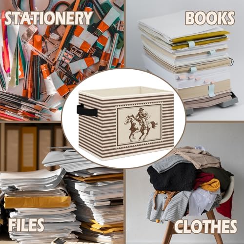 Vintage Western Cowboy Foldable Storage Bins Box with Handles, Western Country Cowboy Rodeo Horse Neutral Striped Collapsible Toys Books Clothes Organizer Basket for Bedroom Bathroom