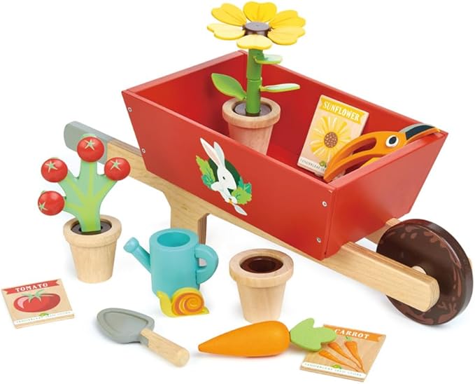 Tender Leaf Toys Garden Wheelbarrow Set – Deluxe Wooden Gardening Toy with Tools & Accessories – Supports Learning, Creativity & Outdoor Role Play – Age 3+