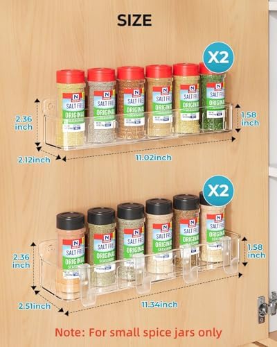 Nieifi Spice Rack Wall Mount, 4 Pack Clear, 2" Depth, Screw/Adhesive | Wall-Mounted with Removable Hooks Saves Counter Space, Fits 2" Deep Jars, Ideal for Kitchen Cabinets, Pantry Doors, and RVs