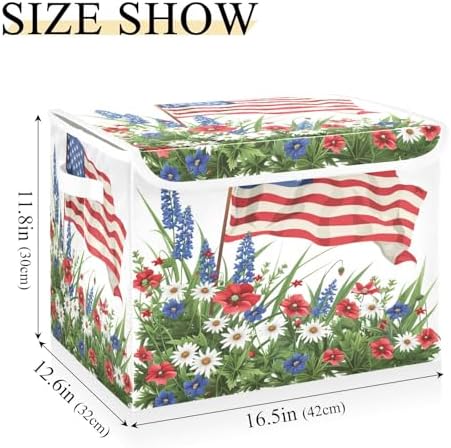 senya July Fourth Baskets Collapsible Storage Bins with Lids, Wildflowers American Flag Storage Boxes Clothes Baskets for Organizing