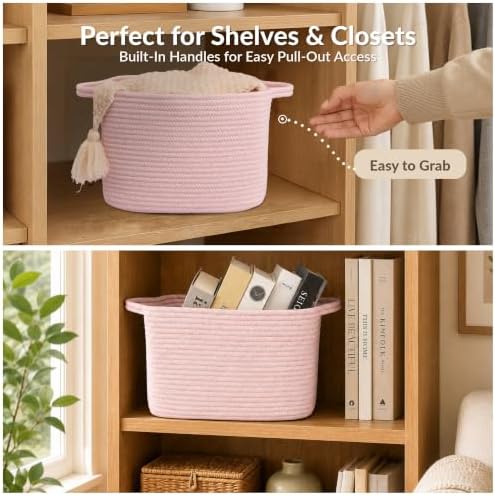 XUANGUO Woven Cotton Rope Storage Basket with Handles 13x10x9 inch Pink