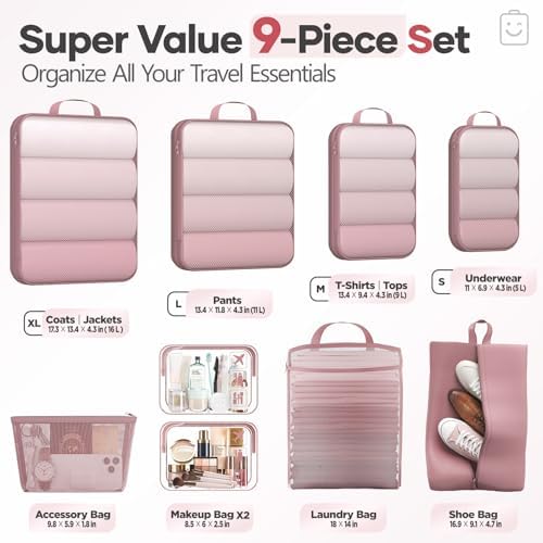 Veken 9/11 Set Compression Packing Cubes for Travel Essentials,Compressible Expandable Large Luggage Suitcase Organizer Bags for Clothing,Space Saver Bags with Over 1000 pcs of Mesh Holes(Light Coral)