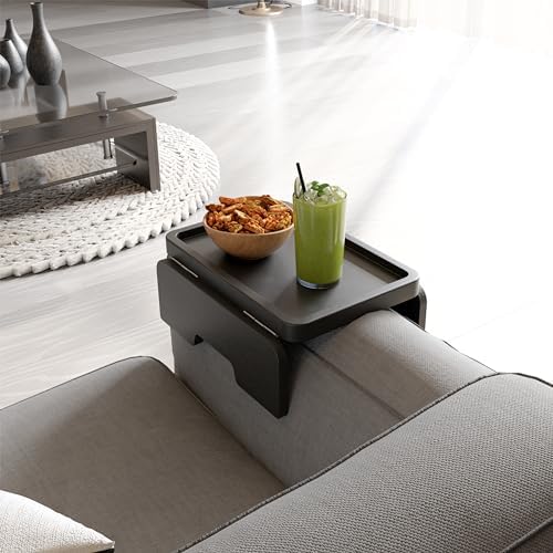 HOLANA Acacia Sofa Arm Tray Table, Double Hinge, Clip-On Couch Tray, Black | Solid Acacia Wood, Spacious Surface, Clips Securely with Double-hinge Grip, Foldable & Portable, Multipurpose, No Assembly