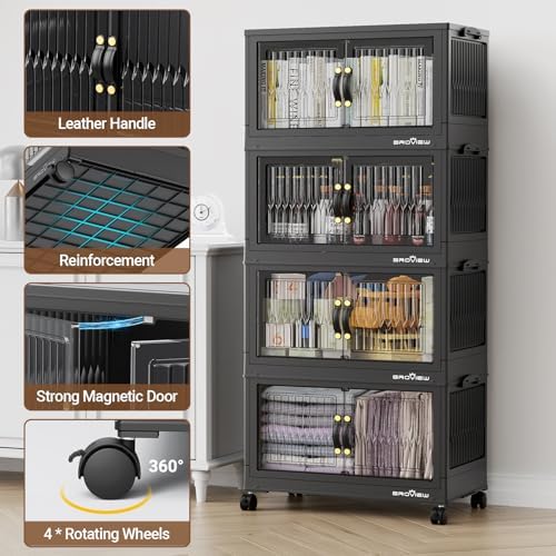 BROVIEW 180Qt Stackable Storage Bins with Lid & Wheels, Plastic Collapsible Closet Organizers and Storage Drawers for Clothes | Foldable Storage Cabinet Container for Dorm Kitchen 3Pack Black