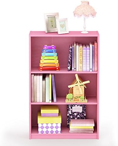 Furinno JAYA Book Shelf, 3-Tier Bookshelf, Bookcase with Adjustable Shelves, 9.5 x 24.5 x 40.3, for Organization and Storage, for Living Room, Bedroom, Home Office, Pink