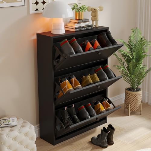 VOWNER Shoe Storage Cabinet with 3 Flip Drawers, Freestanding Shoe Cabinet with Adjustable Shelf & Anti-Tipping Device, Slim Shoe Rack for Entryway, Hallway, Living Room, White (Black)
