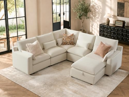 WorthFurni Modern Modular Sectional Sofa,105" V Shape Sectional Cloud Couch with Storage Ottoman,Comfty 6 Seat Sofa for Living Room,Beige Chenille