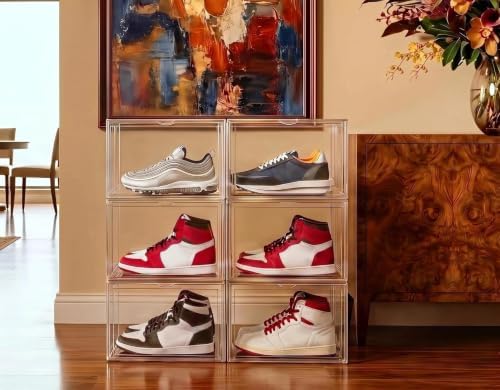 6 Pack Thickened Shoe Boxes Clear Plastic Stackable, Substantial Sneaker Storage Organizers with Lids, Collapsible, Large Magnetic Door, Heavy Duty, Fit Up to US Size 14