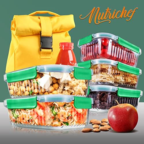 NutriChef 10-Piece Glass Food Storage Containers Set – (5 BPA-Free Airtight Meal Prep Containers with 5 Vented Locking Lids), Stackable & Oven Safe, Leakproof, Reusable, Freezer & Microwave Friendly