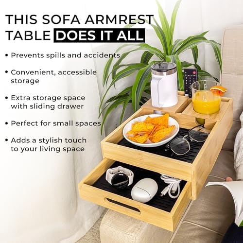 7-in-1 Sofa Armrest Tray with Drawer, Clip-On Side Table for Wide Armrest, TV Organizer with Cup Holder, Phone Stand, Remote Storage, Drinks, Snacks, and Accessories