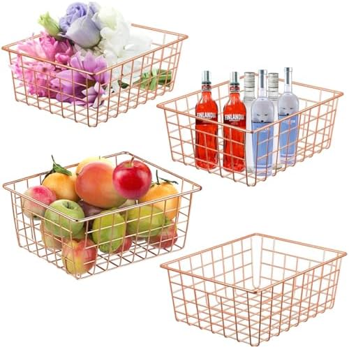 4 Pack Wire Baskets for Pantry Metal Wire Freezer Organizer Bins with Handles, Metal Basket Rose Gold Wire Baskets for Storage Organizing Office, Kitchen Cabinets, Bathroom, Countertop