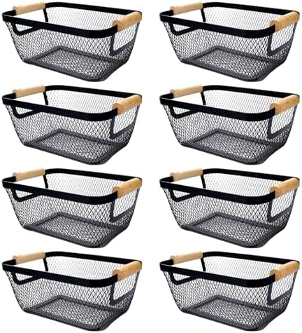 8 Pcs Black Wire Basket with Wooden Handle, Pantry Storage Bins