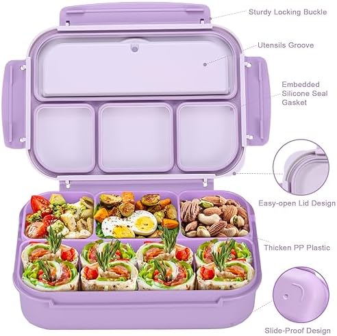 Bento Box Adult Lunch Box, Lunch Containers for Kids Girls Boys with 4 Compartments, Lunchable Food Container with Utensils, Sauce Jar, Muffin Liners, 40 Oz/5 Cup, Microwave Safe, Lavender
