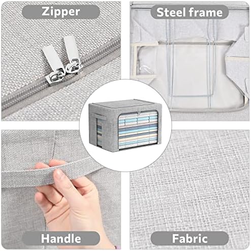 FHSQX 2 Pack Clothes Storage Bins Stackable Metal Frame Storage Box Large Capacity Foldable Linen Fabric Box Organizer with Carrying Handles and Clear Window (Light Gray, 19.7x 15.7x 12.6 Inch)