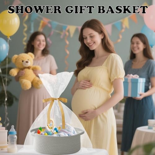 Grey Woven Rope Basket - Baby Gift Basket with Bag & Ribbon