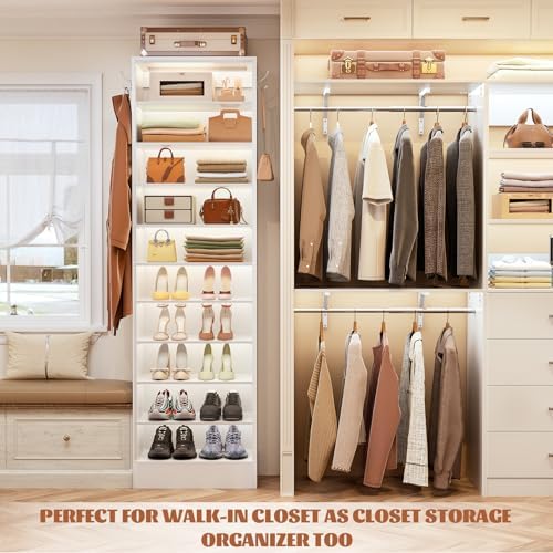 Aheaplus 10 Tiers Narrow Wood Shoe Rack, Tall Shoe Storage Cabinet, White