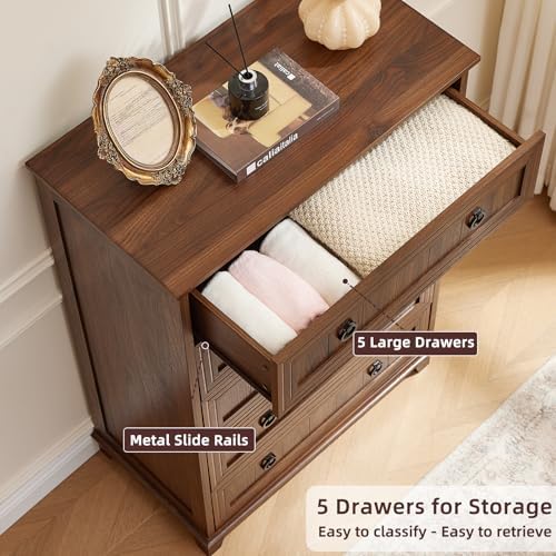 Joaxswe Farmhouse 5 Drawer Dresser for Bedroom Set of 2, 42.5" Tall Small Dressers & Chest of Drawers, Rustic Wood Dresser with Metal Handle, Storage Organizer Closet for Living Room, Hallway,Entryway | Chest of Drawers, Rustic Wood Dresser with Metal ...