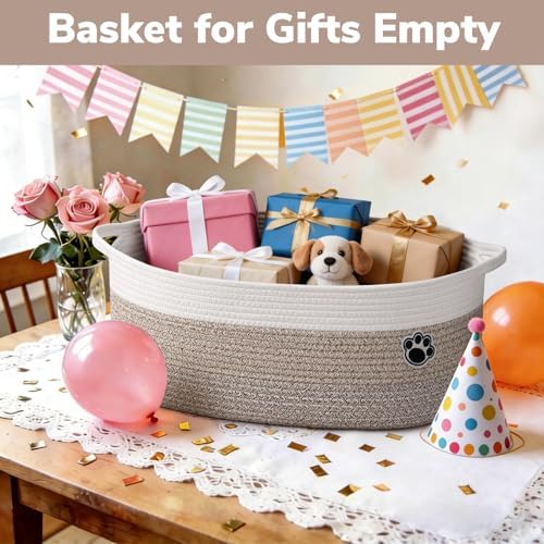 30L Large Woven Rope Dog Toy Basket with Paw Print, Mixed Brown | 19.7" x 11" x 7.9" Dog Toy Bin & Box with Handles, Storage Basket for Blankets Towels, Fits Living Room Nursery Bedroom