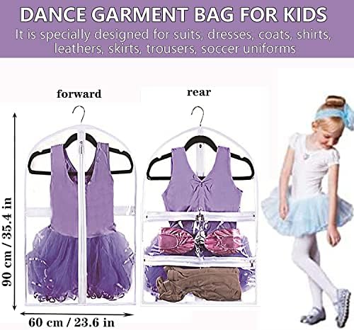 WJWSKI Clear Kids Dance Garment Bag for Hanging Clothes,35 Inch Waterproof PVC Travel Garment Bag with 3 Pockets for Dance Costumes,Sports,Skating,Theatre,Beauty Pageants & More