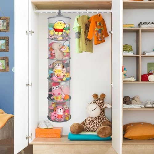 3Pcs Hanging Stuffed Animal Storage Hammock Net 5 Tiers, Grey