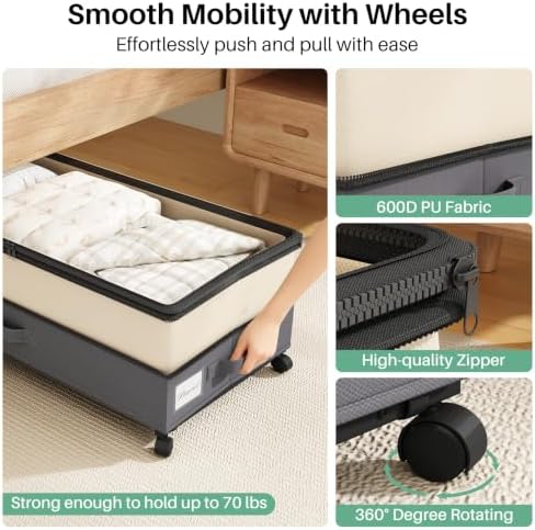 Kitstorack 2Pack Height-adjustable Under Bed Storage with Wheels, Under Bed Storage Containers,Under Bed Shoe Storage Organizer with Clear Window&Label, Suitable for Clothes Storage, Beige & Gray