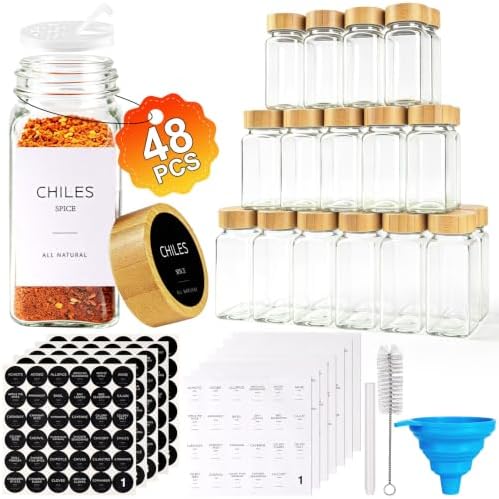 48PCS Spice Jars with Label, 4oz Glass Seasoning Containers with Bamboo Lid