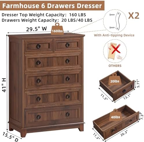 Joaxswe Farmhouse 6 Drawer Dresser for Bedroom, 41" Tall Chest of Drawers | Rustic Wood Dresser with Metal Handle, Storage Organizer Closet for Living Room, Hallway, Entryway, Brown