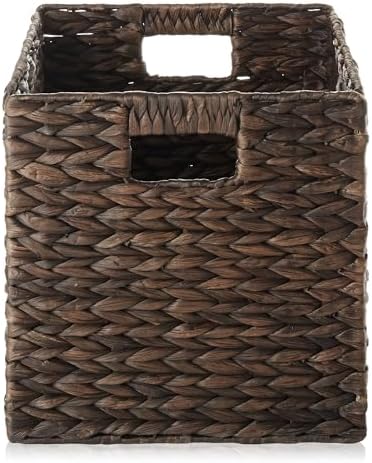 Casafield 10.5" x 10.5" Water Hyacinth Storage Baskets, Espresso - Set of 6 Collapsible Cube Organizers, Woven Bins for Bathroom, Bedroom, Laundry, Pantry, Shelves