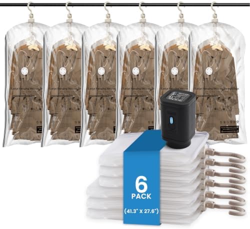 TAILI Hanging Vacuum Storage Bags Clothes, Coats, Jackets,6 Short with Pump