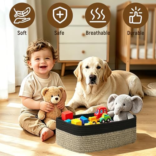 Shallow Storage Baskets for Shelves, 15x11x5.1 Inch Woven Baskets for organizing, 2 Pack Storage Bins for Nursery, Bathroom, Closet, Decorative, Black Brown