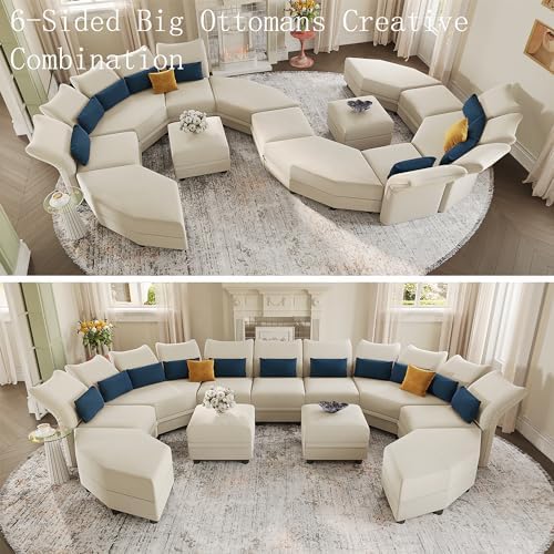 LLappuil Oversized Sleeper Sectional Sofa Couch, 102.2" 9-Seater Bed Shaped Modular Sectional Sofa with Storage Chaise, High Back Recliner Velvet Couches, Anti-Scratch White