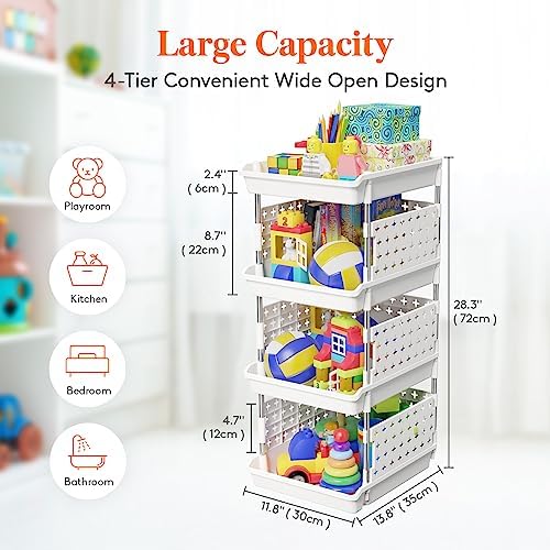 Lifewit Plastic Stackable Storage Baskets, 4 Tier Stacking Bins for Food and Clothes, Multifunctional Organizer for RV, Kitchen, Playroom, Pantry and Bathroom, 13.8"D x 11.8"W x 28.3"H, 1 Pack, White | Stacking Bins for Food, Multifunctional Organizer ...
