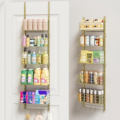 SWTYMIKI Over The Door Organizer - Door Organizer Hanging with 5 Adjustable Metal Large Capacity Basket and 6 Coat Hook, Wall Mounted Shelf for Bedroom Closet Bathroom Laundry Pantry Cabinet Kitchen