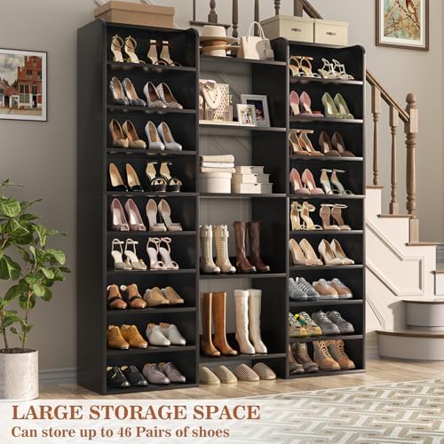 Unikito 14-Tier Wood Shoe Storage Cabinet with 22 Open Cubbies, Black