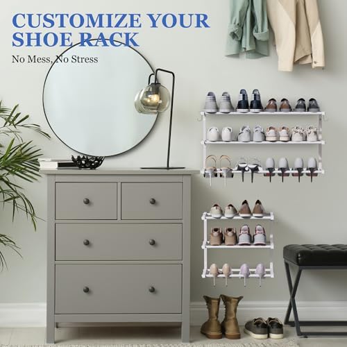 4 Pack Wall Mounted Shoe Rack, 3 Tier Hanging Shoe Rack Holds 48 Pairs, 17"-30"Adjustable Heavy Duty Metal Shoe Organizer Holder with 8 Storage Hooks, Space Saving for Closet Entryway Doorway（White)
