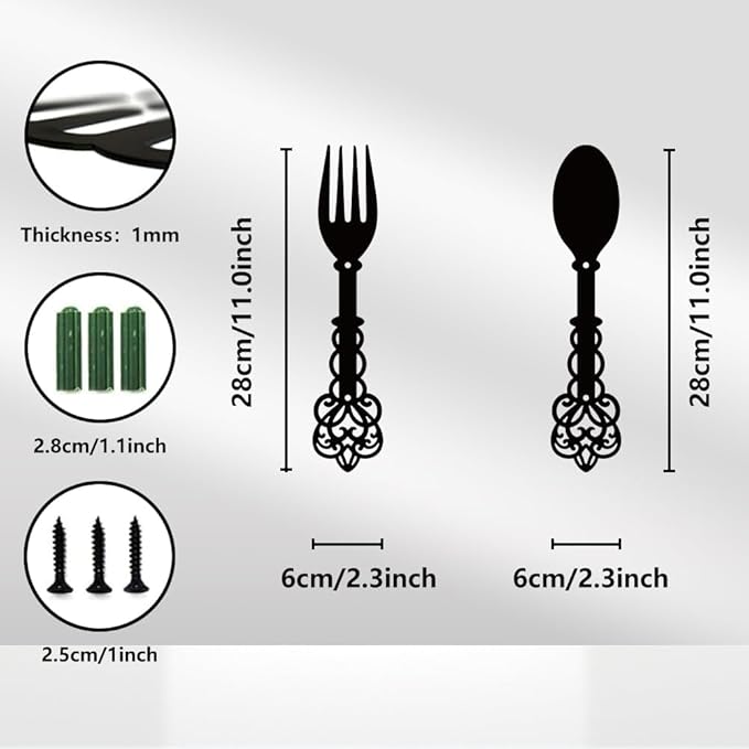 WADORN Metal Fork Spoon Wall Art Decor, Cutlery Theme Metal Wall Art Hanging Decor Signs Kitchen Cutlery Wall Sculpture Statues Decoration for Home Kitchen Restaurants Shop, 2.3x11 Inch