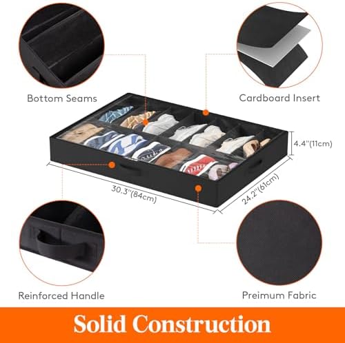 Lifewit Under Bed Shoe Storage Organizer 1 Pack(14 Shoes Cells), 4.3 Inches Profile Fabric Shoes Container Box with Clear Cover, Foldable Storage Bag with 2 Handles, Fits 7 to 14 Pairs