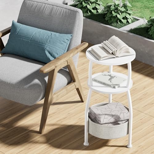 Small Round Side Table for Living Room with Storage Basket, 11.81in | End Table for Small Spaces , 3-Tier Nightstand Couch Corner Stand for Bedroom, Garden Family Room 24in Tall Matte White