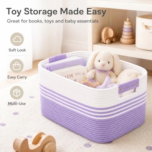 12.8GAL Small Cute laundry basket for nursery, Boho Square storage basket for Living Room Decor, Kids Girls Boys Toys Stuffed Animal Decorative Short Hamper for Dirty Clothes, Bath Towel White Purple