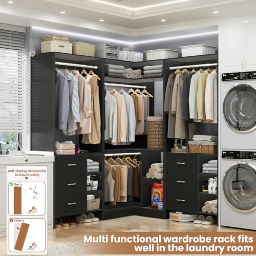 Aheaplus Closet System with 6 Drawers, 4 Hanging Rods & Corner Tower, Corner Closet System with Hanging,92.6" L-Shaped Walk-In Wardrobe Organizer, 2000+ lbs Capacity, Set of 3, Black