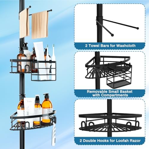 cutefafa Rustproof Corner Shower Caddy Freestanding Tension Pole, 4 Large Baskets for Bathtub Shampoo Storage Organizer Bathroom Height Adjustable Shelves from 23.6 to 114.5 Inch with Towel Bar