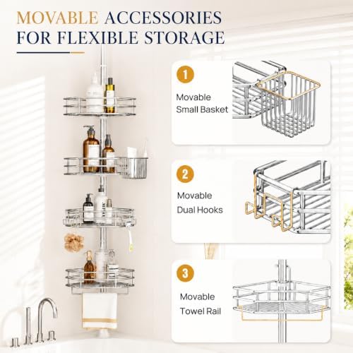 SEIRIONE Corner Shower Caddy Tension Pole, Quick Setup, Rust-Free Bathroom Shower Organizer Corner for Bathtub Shampoo Storage, 4-Tier Adjustable Shelf, Drill Free, Fits 34 to 116 Inch Height, Silver