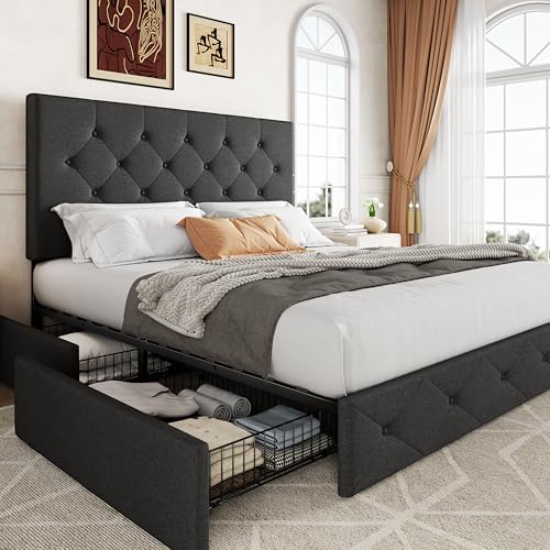 Allewie Full Size Storage Bed Frame with 4 Underbed Drawers, Dark Grey