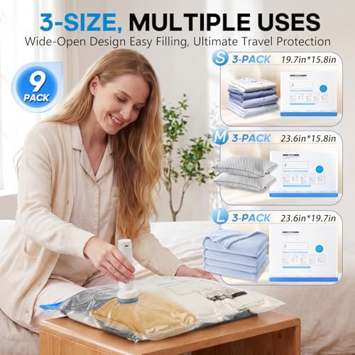 12 Pack Vacuum Storage Bags for Travel with Rechargeable Cordless Pump, Space Saver Bags for Clothes, Compression Packing Bags for Luggage and Suitcase, Blue