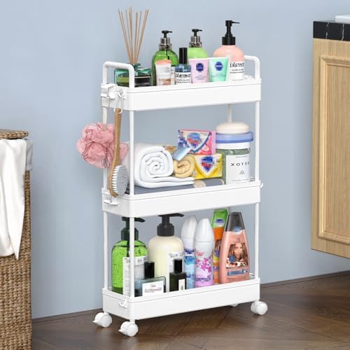 SOLEJAZZ Slim Rolling Storage Cart Skinny Bathroom Organizer, 3 Tier, White