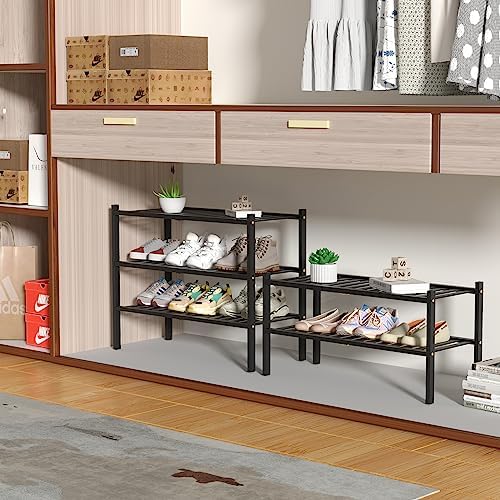 ROMGUAR CRAFT 2 Tier Bamboo Shoe Rack for Closet Free Standing Wood Shoe Shelf for Entryway Small Space Stackable 27"x11"x13" (Black)