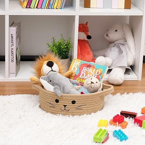 Small Woven Rope Cat Toy Basket with Cat Face Design, Jute