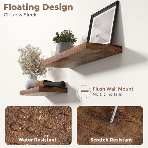 16 Inch Floating Shelves for Wall 2 Pack, 8"D Wood Grain Bathroom Shelves