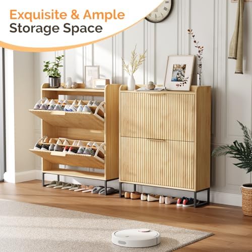 VINGLI Fluted Shoe Cabinet Storage for Entryway,Hidden Shoes Storage Cabinet with 2 Flip Drawers, Mid Century Modern Shoe Rack Organizer,Free Standing Shoes Organizer for Hallway(Natural Oak)